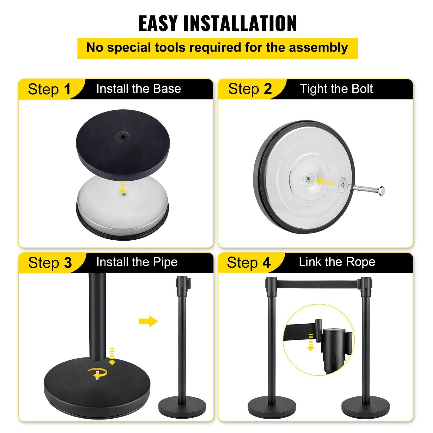 6-Piece Crowd Control Stanchion Set with 2m Black Retractable Belt