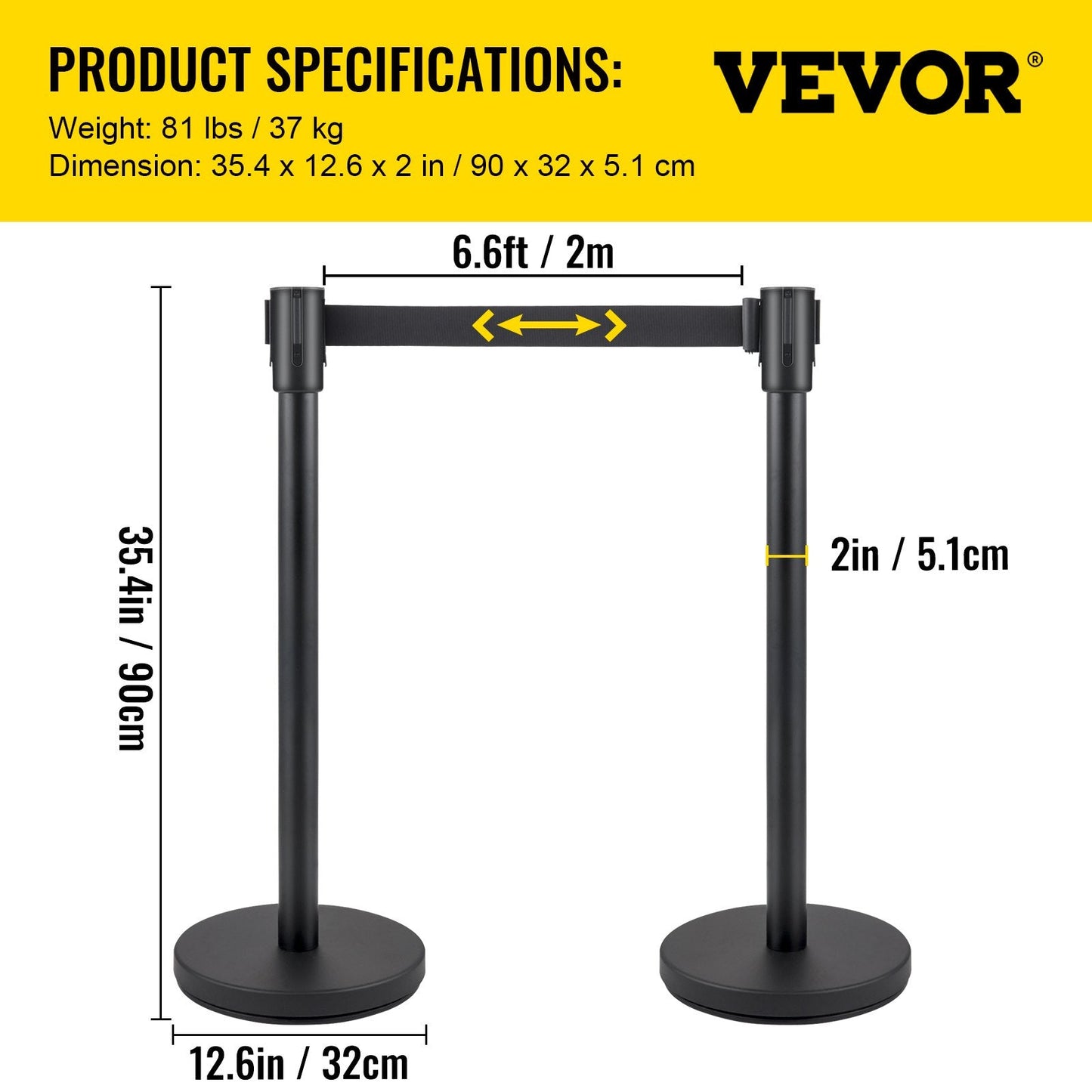 6-Piece Crowd Control Stanchion Set with 2m Black Retractable Belt