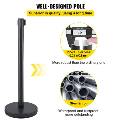 6-Piece Crowd Control Stanchion Set with 2m Black Retractable Belt, Heavy Duty
