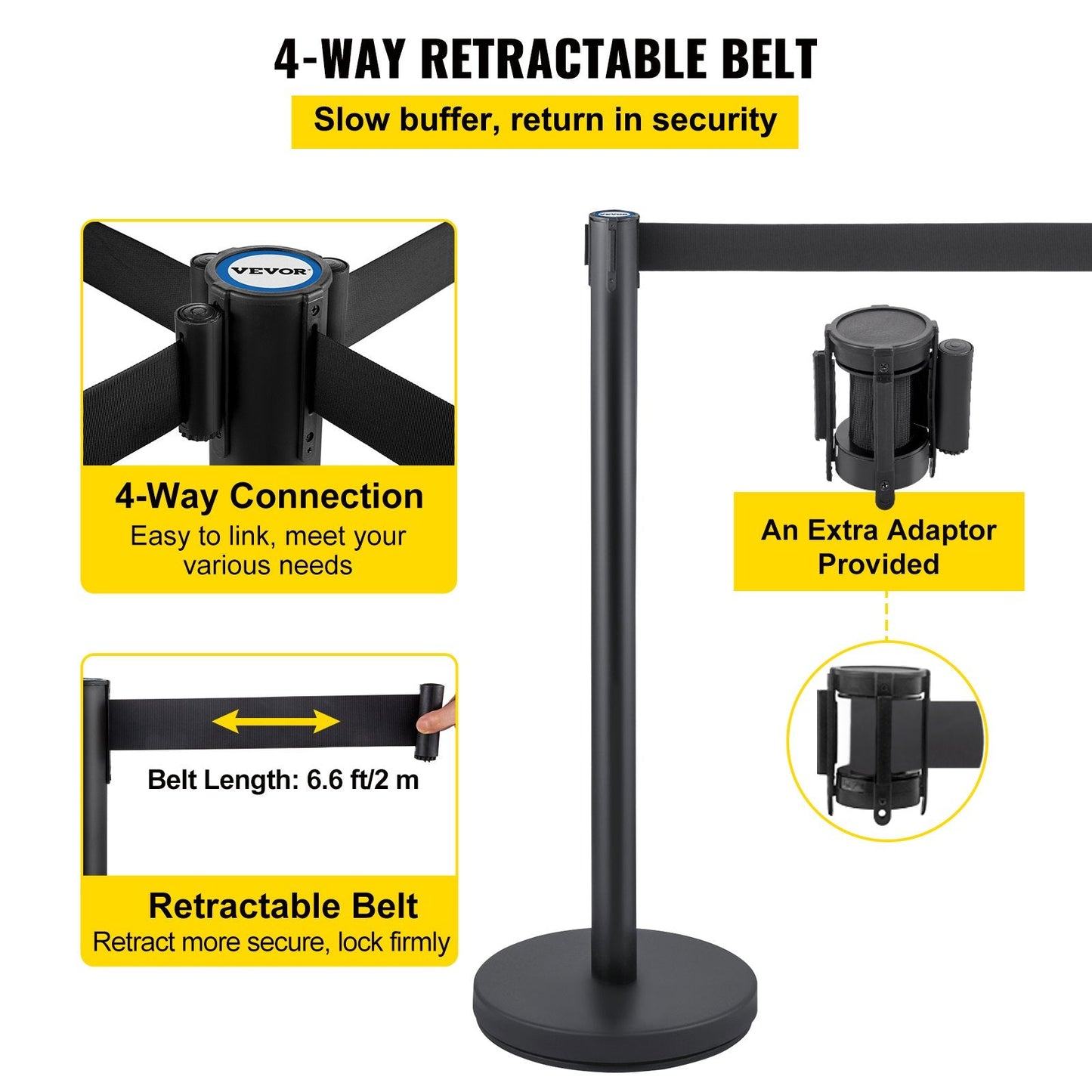 6-Piece Crowd Control Stanchion Set with 2m Black Retractable Belt, Heavy Duty