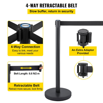 6-Piece Crowd Control Stanchion Set with 2m Black Retractable Belt, Heavy Duty