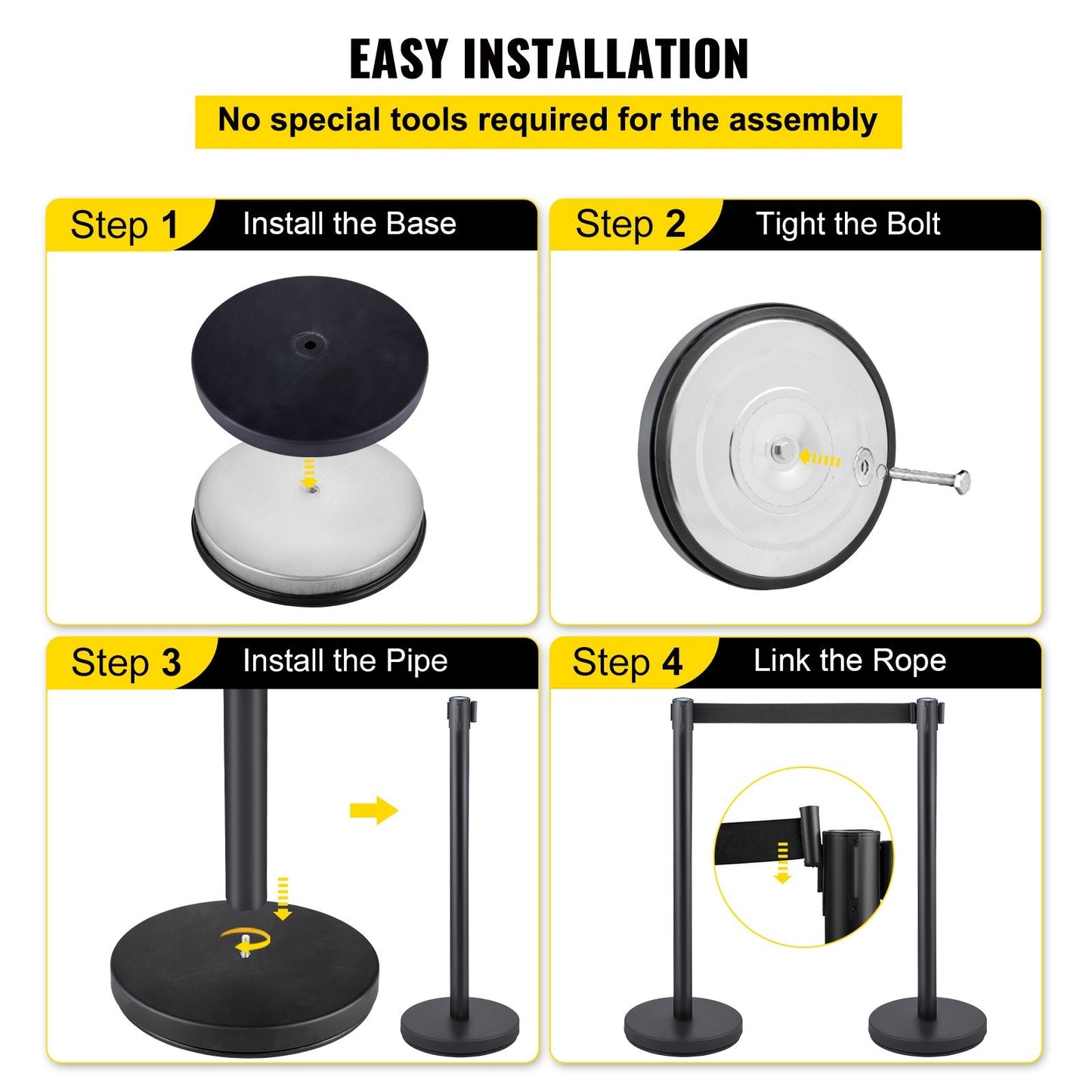 6-Piece Crowd Control Stanchion Set with 2m Black Retractable Belt, Heavy Duty