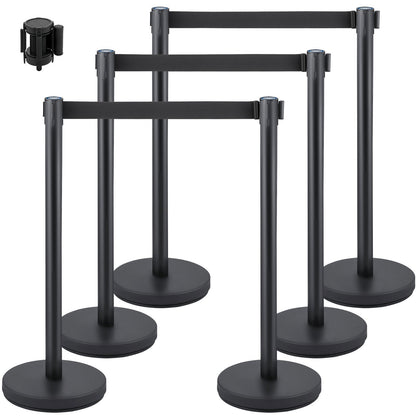 6-Piece Crowd Control Stanchion Set with 2m Black Retractable Belt, Heavy Duty