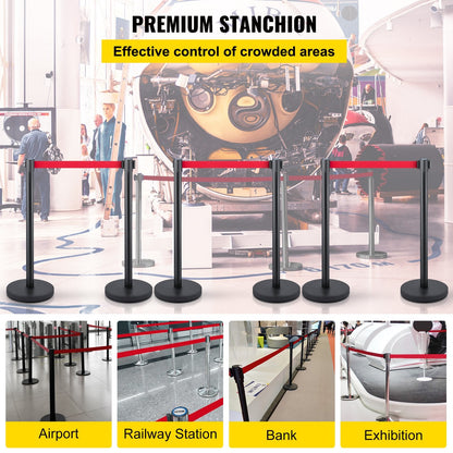 Set of 6 Black Stanchions with 2m Red Belt, Steel Crowd Control Barriers