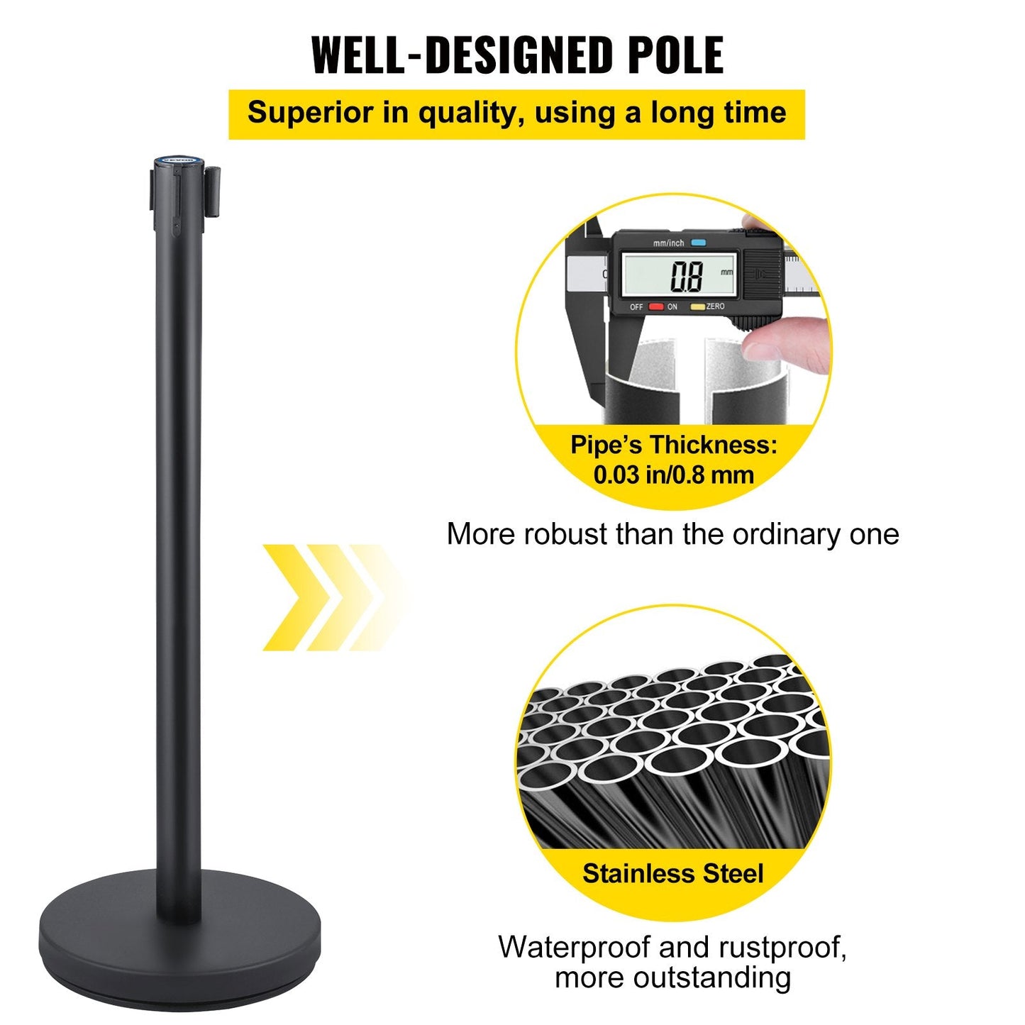 Set of 6 Black Stanchions with 2m Red Belt, Steel Crowd Control Barriers