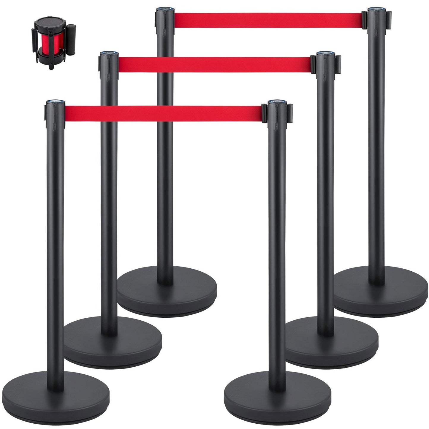 Set of 6 Black Stanchions with 2m Red Belt, Steel Crowd Control Barriers