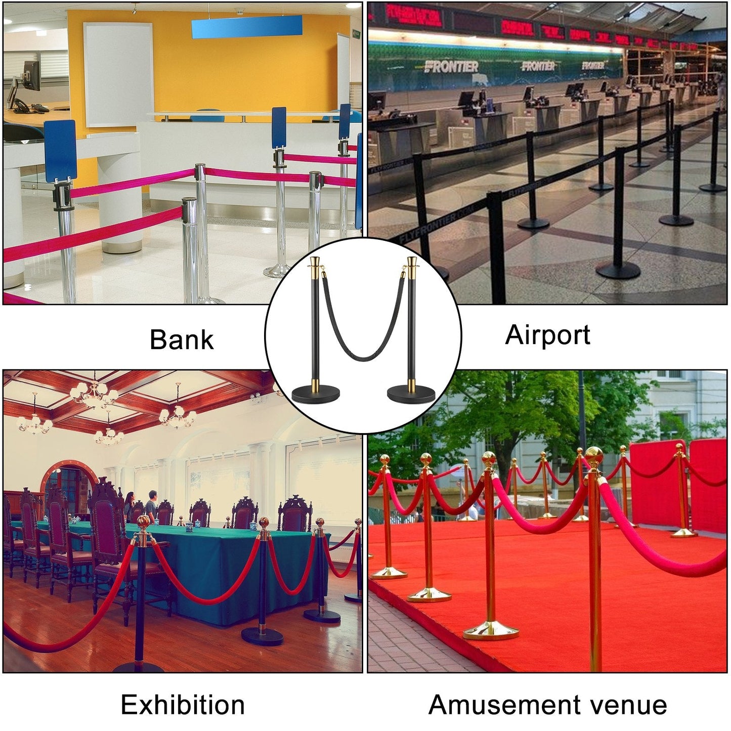 6-Piece Crowd Control Stanchion Set with Black Velvet Rope, 90 cm Height