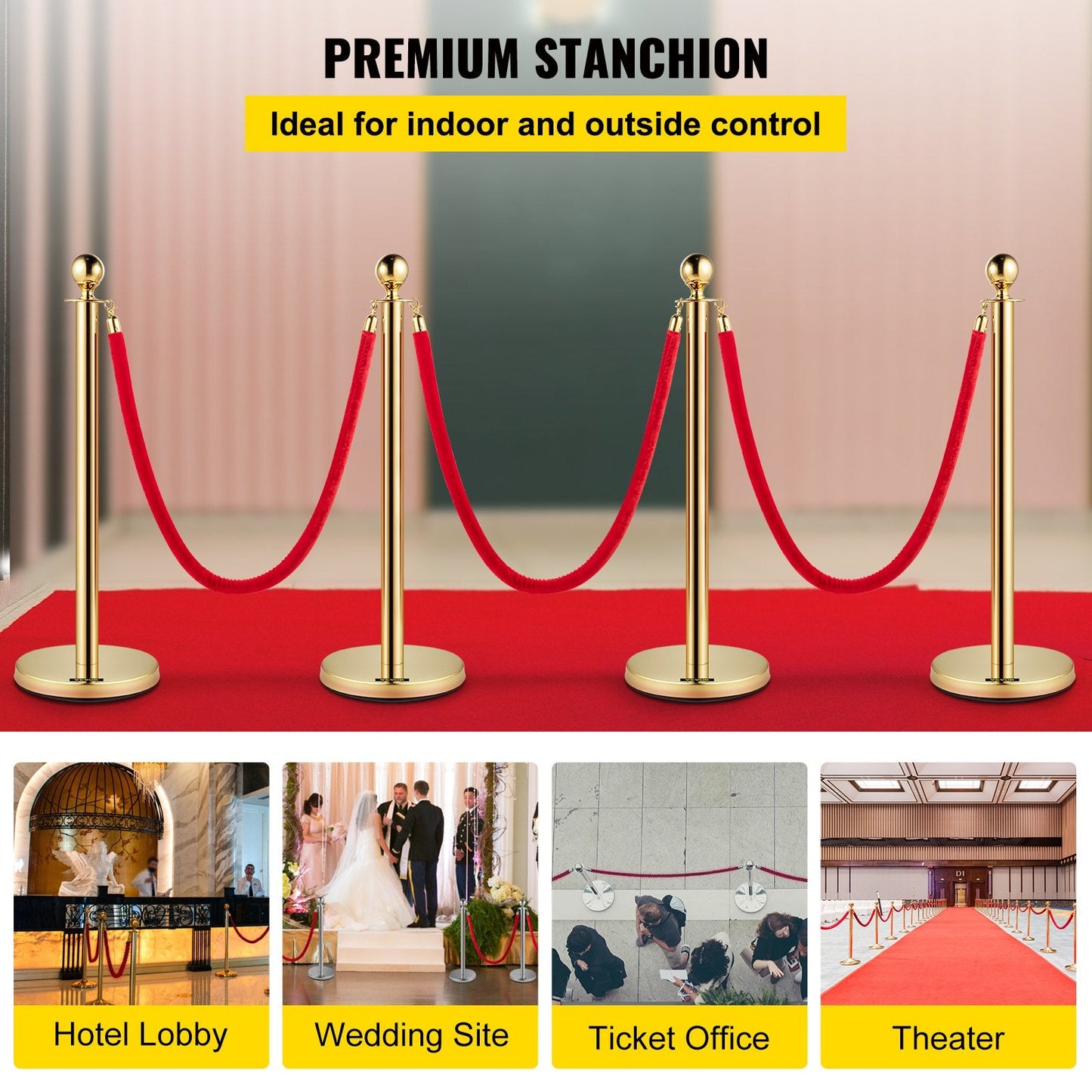 Gold Stanchion Posts Set with 1.5m Red Rope for Crowd Control and Events