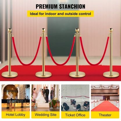 Gold Stanchion Posts Set with 1.5m Red Rope for Crowd Control and Events
