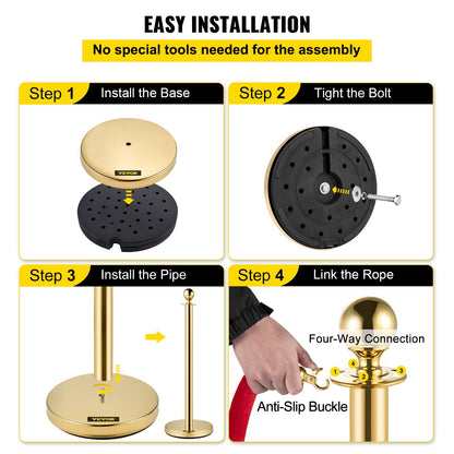 Gold Stanchion Posts Set with 1.5m Red Rope for Crowd Control and Events