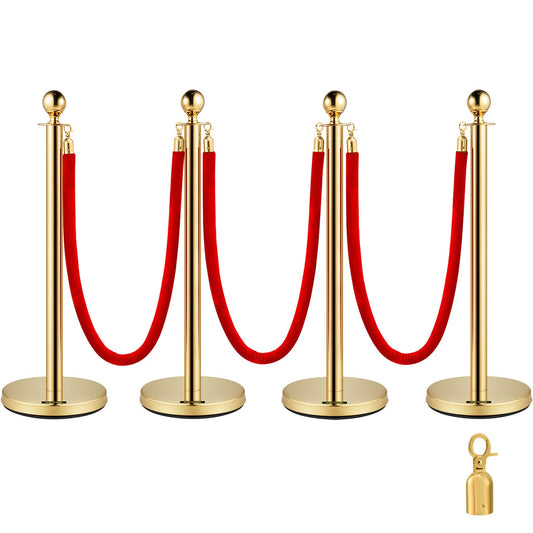 VEVOR 4PCS Gold Stanchion Posts Queue, 38 Inch Red Velvet Rope, Crowd Control Barriers