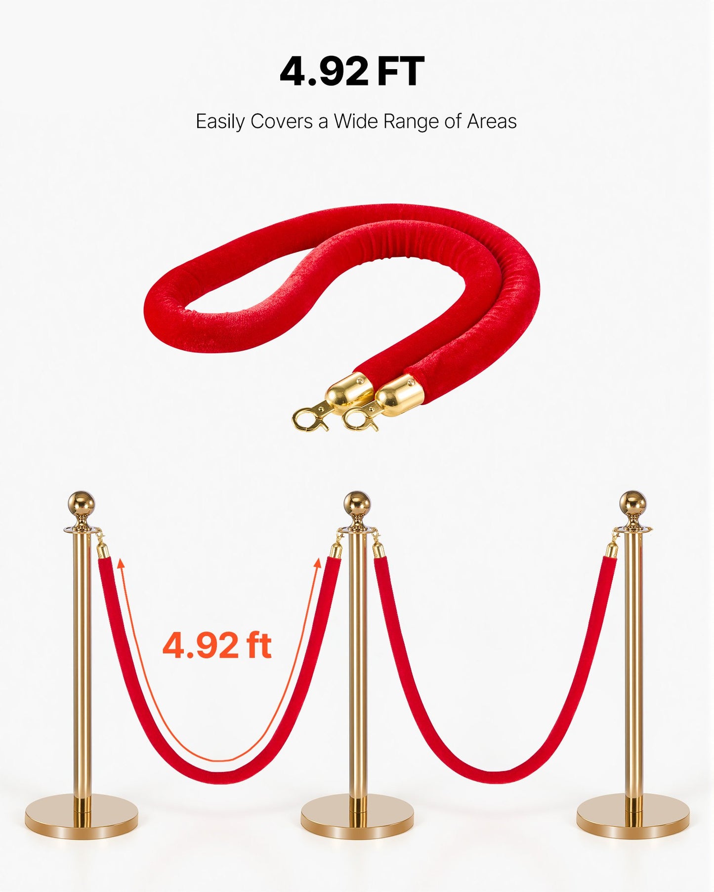 2 Pcs Red Velvet Stanchion Ropes, 1.5 m Crowd Control Stanchion Red Velvet Ropes with Gold Hooks, Post Queue Barrier Carpet Rope for Carpet Events Movie Theaters Grand Openings Hotels Party
