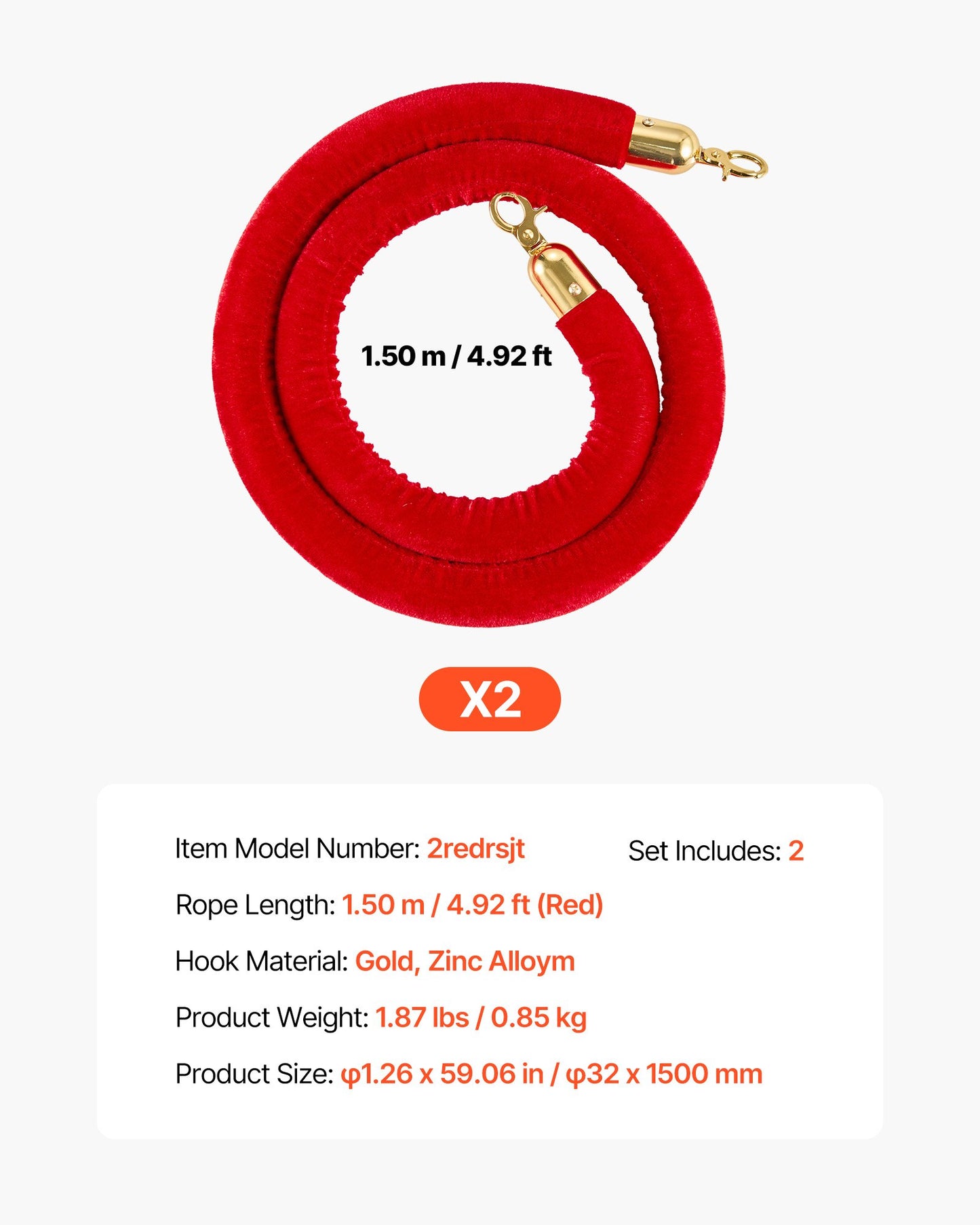 2 Pcs Red Velvet Stanchion Ropes, 1.5 m Crowd Control Stanchion Red Velvet Ropes with Gold Hooks, Post Queue Barrier Carpet Rope for Carpet Events Movie Theaters Grand Openings Hotels Party