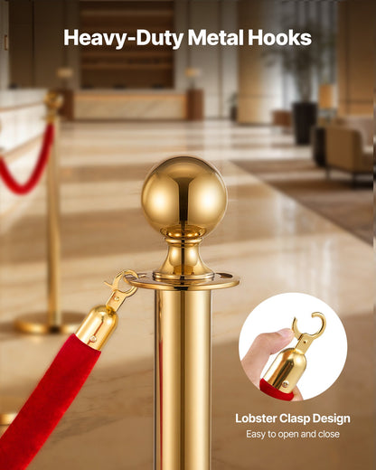 4 Pcs Red Velvet Stanchion Ropes, 1.5 m Crowd Control Stanchion Red Velvet Ropes with Gold Hooks, Post Queue Barrier Carpet Rope for Carpet Events Movie Theaters Grand Openings Hotels Party