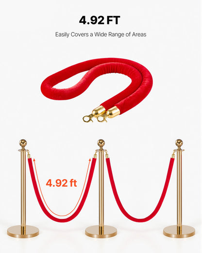 4 Pcs Red Velvet Stanchion Ropes, 1.5 m Crowd Control Stanchion Red Velvet Ropes with Gold Hooks, Post Queue Barrier Carpet Rope for Carpet Events Movie Theaters Grand Openings Hotels Party