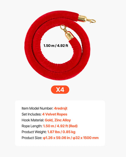 4 Pcs Red Velvet Stanchion Ropes, 1.5 m Crowd Control Stanchion Red Velvet Ropes with Gold Hooks, Post Queue Barrier Carpet Rope for Carpet Events Movie Theaters Grand Openings Hotels Party