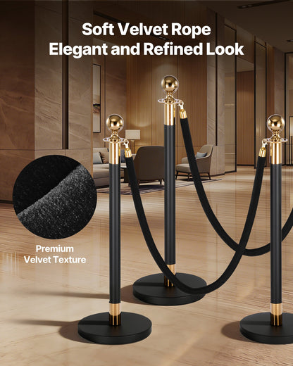 4 Pcs Black Velvet Stanchion Ropes, 1.5 m Crowd Control Stanchion Black Velvet Ropes with Gold Hooks, Post Queue Barrier Carpet Rope for Carpet Events Movie Theaters Grand Openings Hotels Party