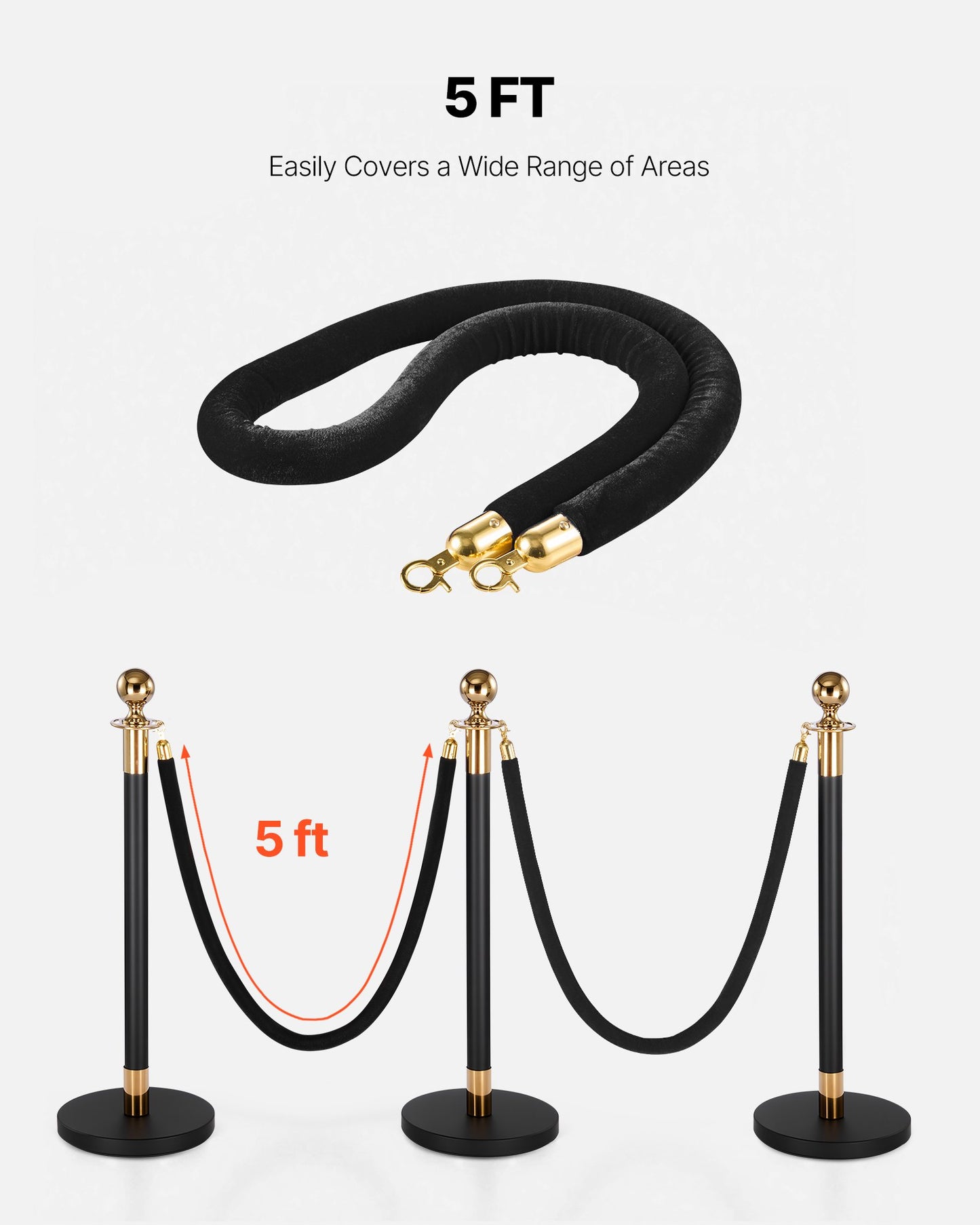 4 Pcs Black Velvet Stanchion Ropes, 1.5 m Crowd Control Stanchion Black Velvet Ropes with Gold Hooks, Post Queue Barrier Carpet Rope for Carpet Events Movie Theaters Grand Openings Hotels Party