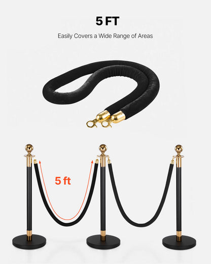 4 Pcs Black Velvet Stanchion Ropes, 1.5 m Crowd Control Stanchion Black Velvet Ropes with Gold Hooks, Post Queue Barrier Carpet Rope for Carpet Events Movie Theaters Grand Openings Hotels Party