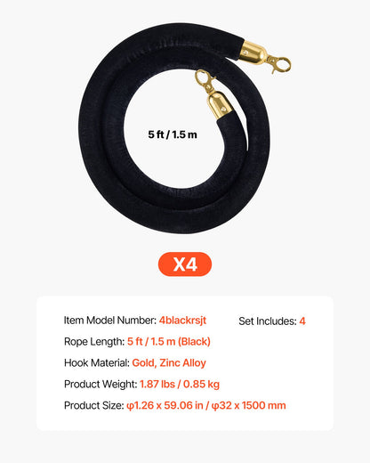 4 Pcs Black Velvet Stanchion Ropes, 1.5 m Crowd Control Stanchion Black Velvet Ropes with Gold Hooks, Post Queue Barrier Carpet Rope for Carpet Events Movie Theaters Grand Openings Hotels Party