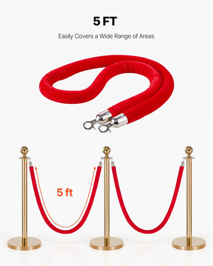4 Pcs Red Velvet Stanchion Ropes, 1.5 m Crowd Control Stanchion Red Velvet Ropes with Silver Hooks, Post Queue Barrier Carpet Rope for Carpet Events Movie Theaters Grand Openings Hotels Party