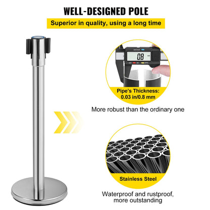 Heavy Duty Crowd Control Stanchion Set with 2m Black Retractable Belt