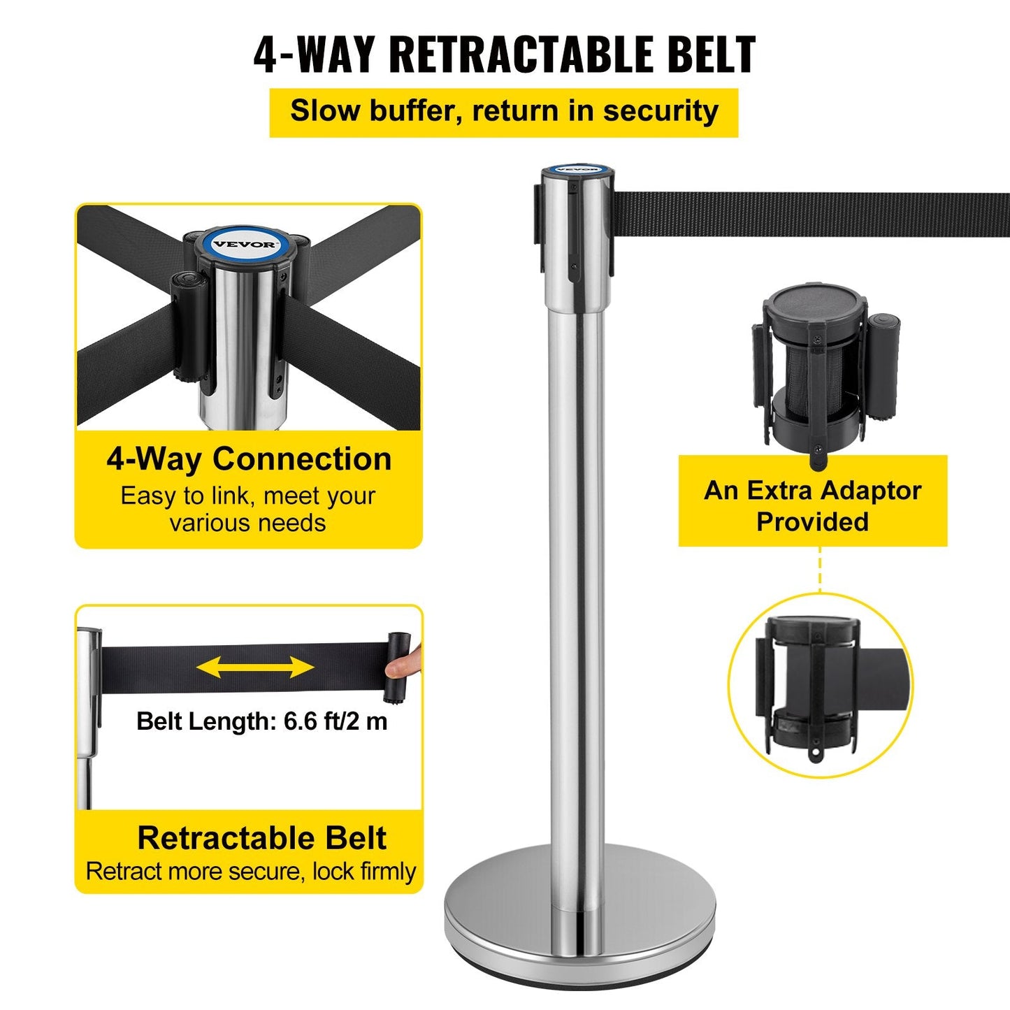 Heavy Duty Crowd Control Stanchion Set with 2m Black Retractable Belt