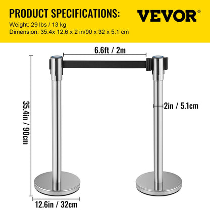 Heavy Duty Crowd Control Stanchion Set with 2m Black Retractable Belt