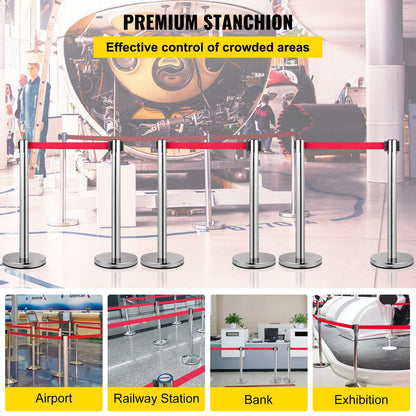 6-Piece Crowd Control Stanchion Set with 2m Red Retractable Belt, Silver