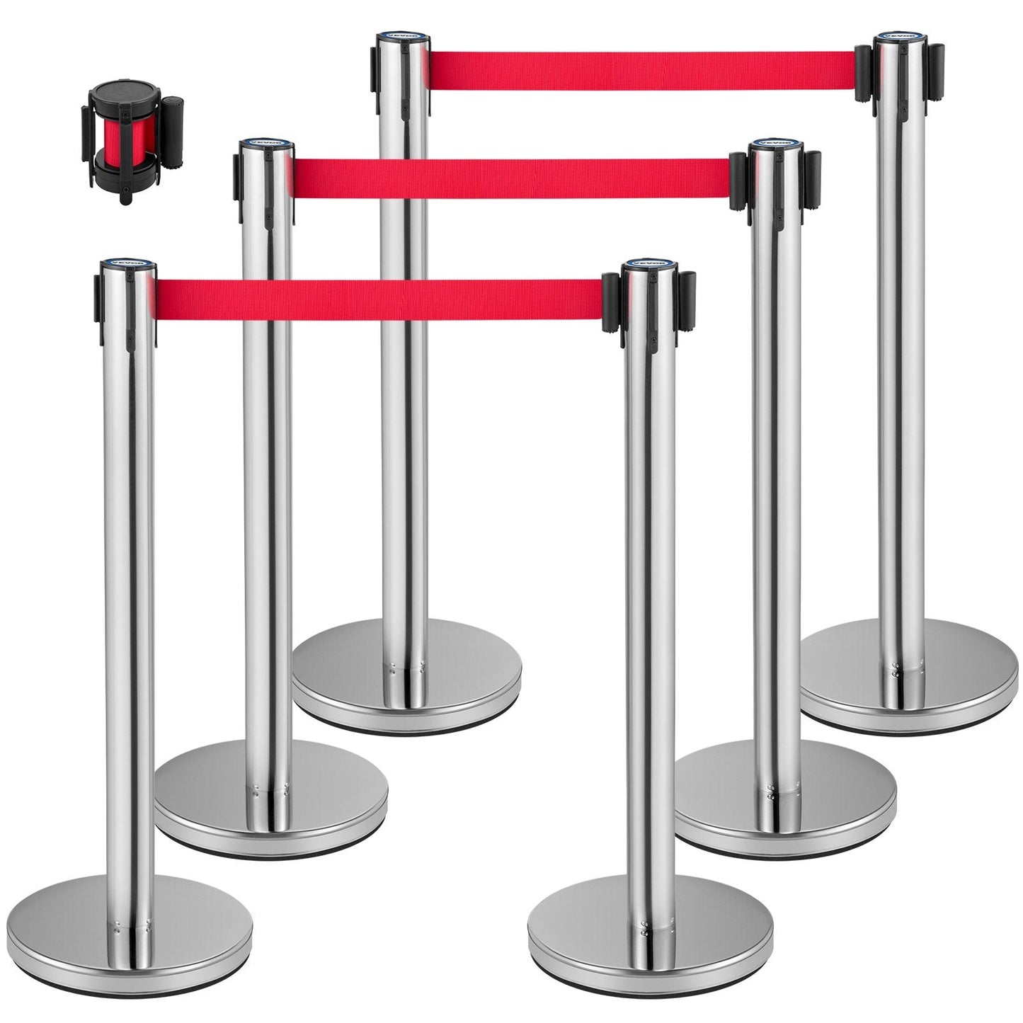 6-Piece Crowd Control Stanchion Set with 2m Red Retractable Belt, Silver