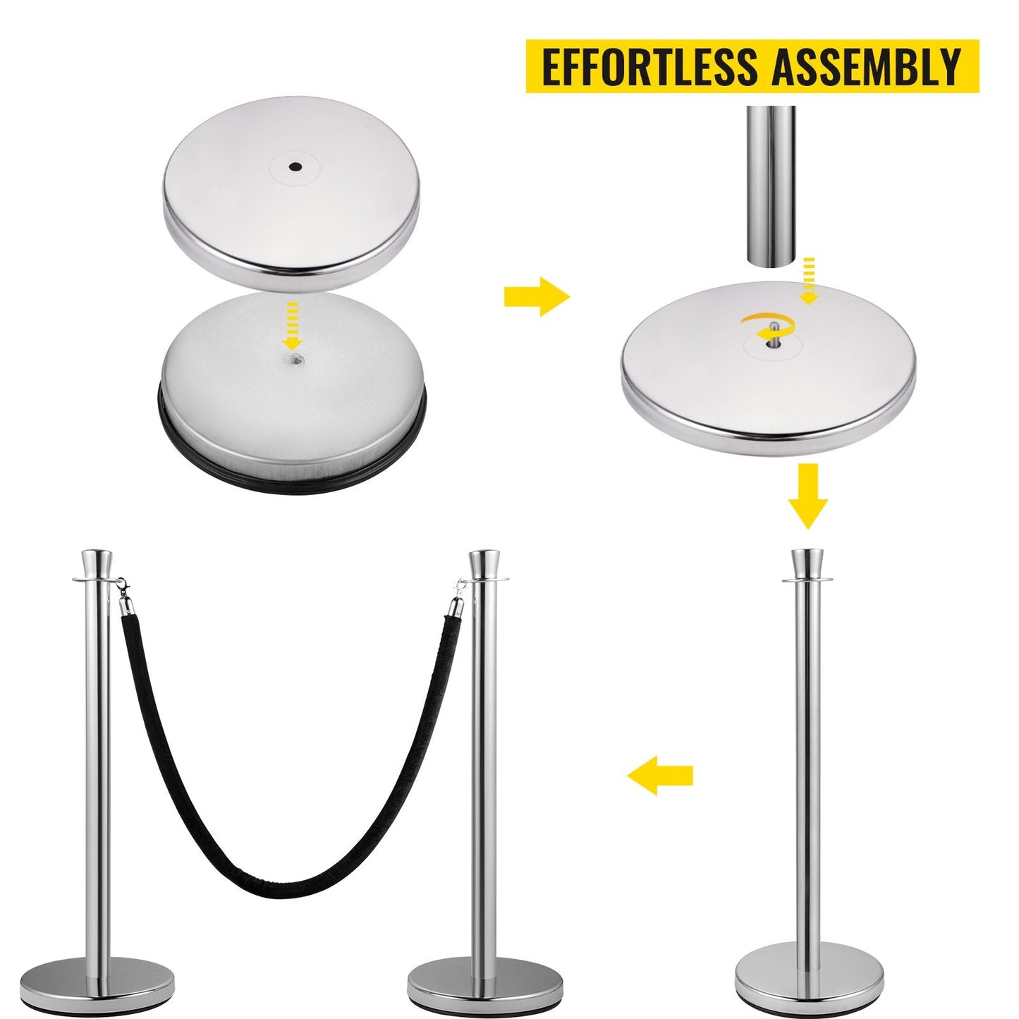 Silver Crowd Control Stanchion Set with 1.5 m Black Velvet Rope, Easy Assembly