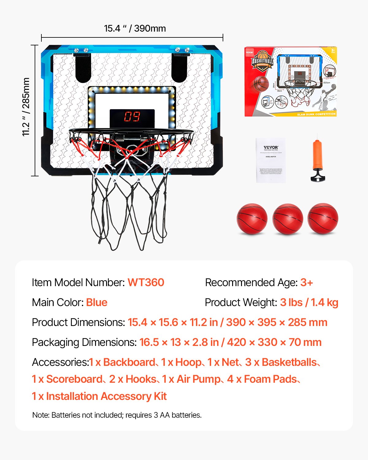 VEVOR Kids Basketball Hoop LED Lights & Audio Scoreboard Indoor Basketball Hoop