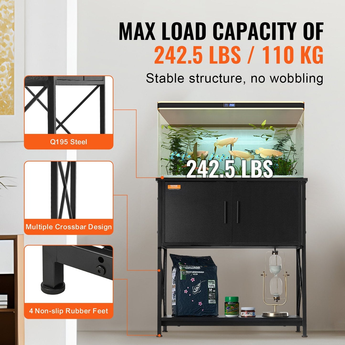 Steel & MDF Aquarium Stand, 29 Gallon, with Storage and Power Outlet, Black