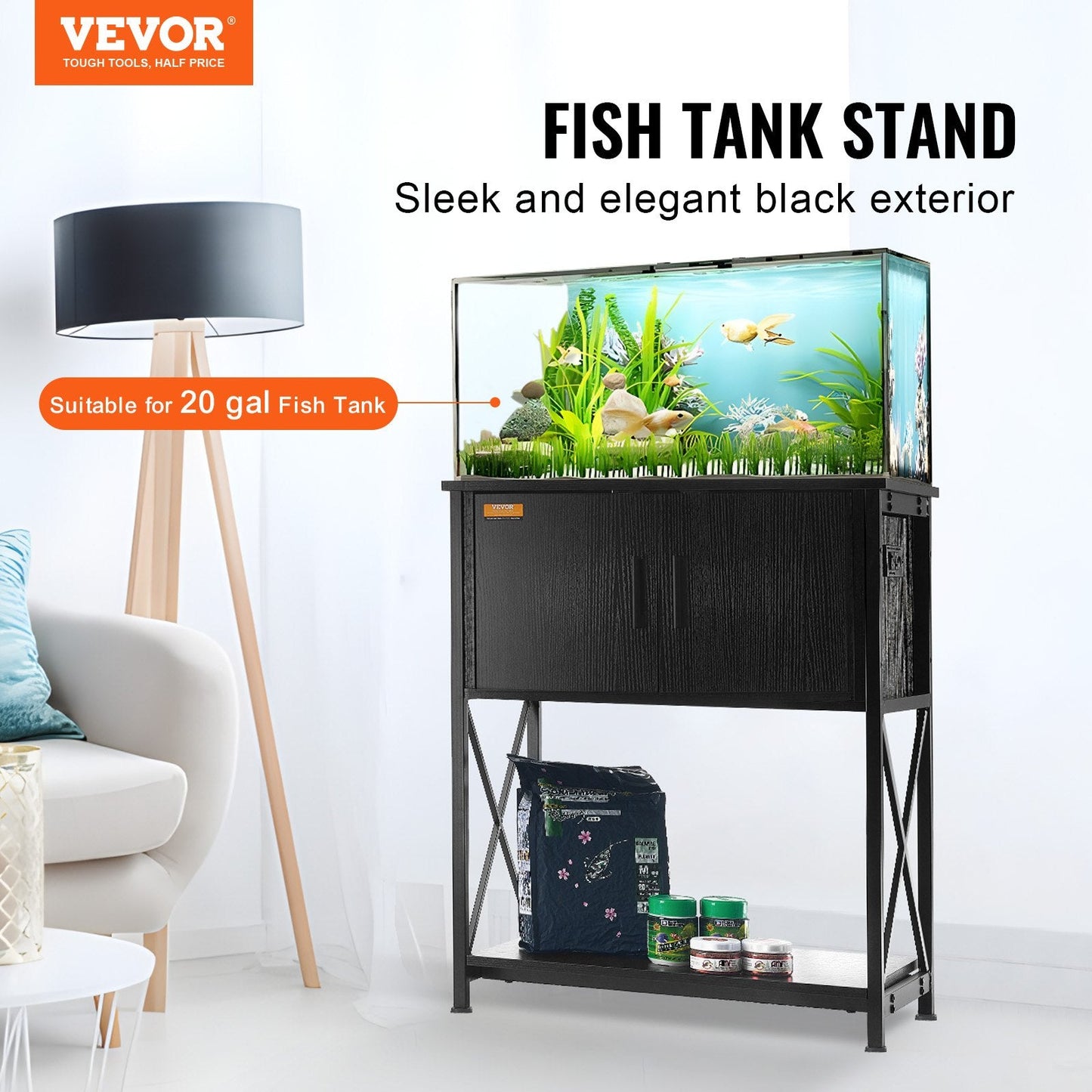 Steel & MDF Aquarium/Reptile Tank Stand with Cabinet, 20 Gallon, Black