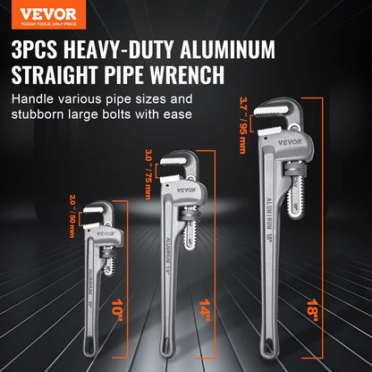 VEVOR 3-Piece Pipe Wrench Set, 10" 14" 18" Aluminum Straight Pipe Wrench, Adjustable