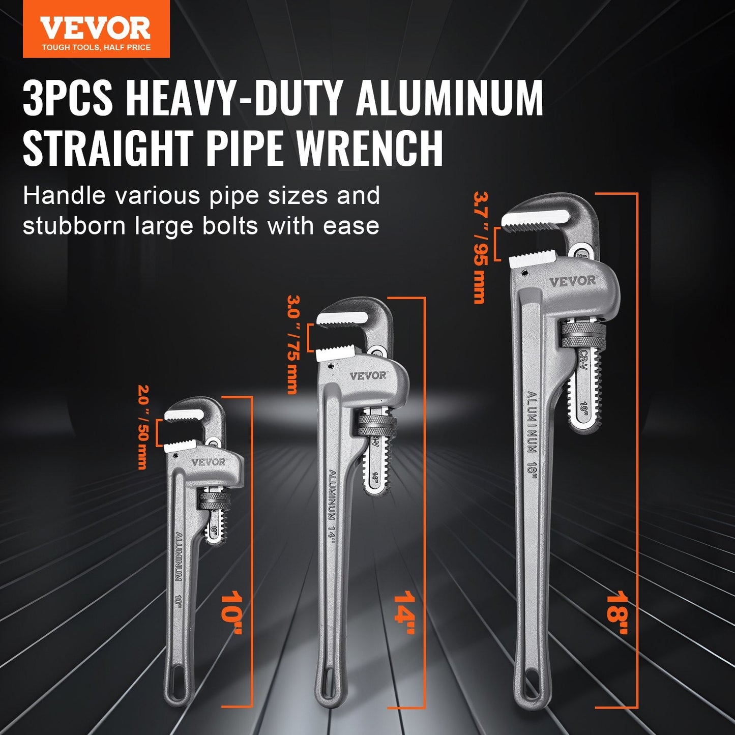 3-Piece Aluminum Pipe Wrench Set, 0.25m 0.35m 0.45m, Adjustable & Ergonomic Design