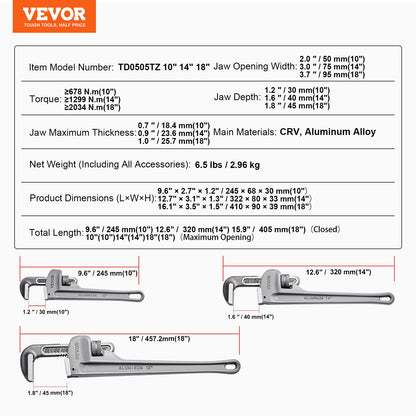VEVOR 3-Piece Pipe Wrench Set, 10" 14" 18" Aluminum Straight Pipe Wrench, Adjustable