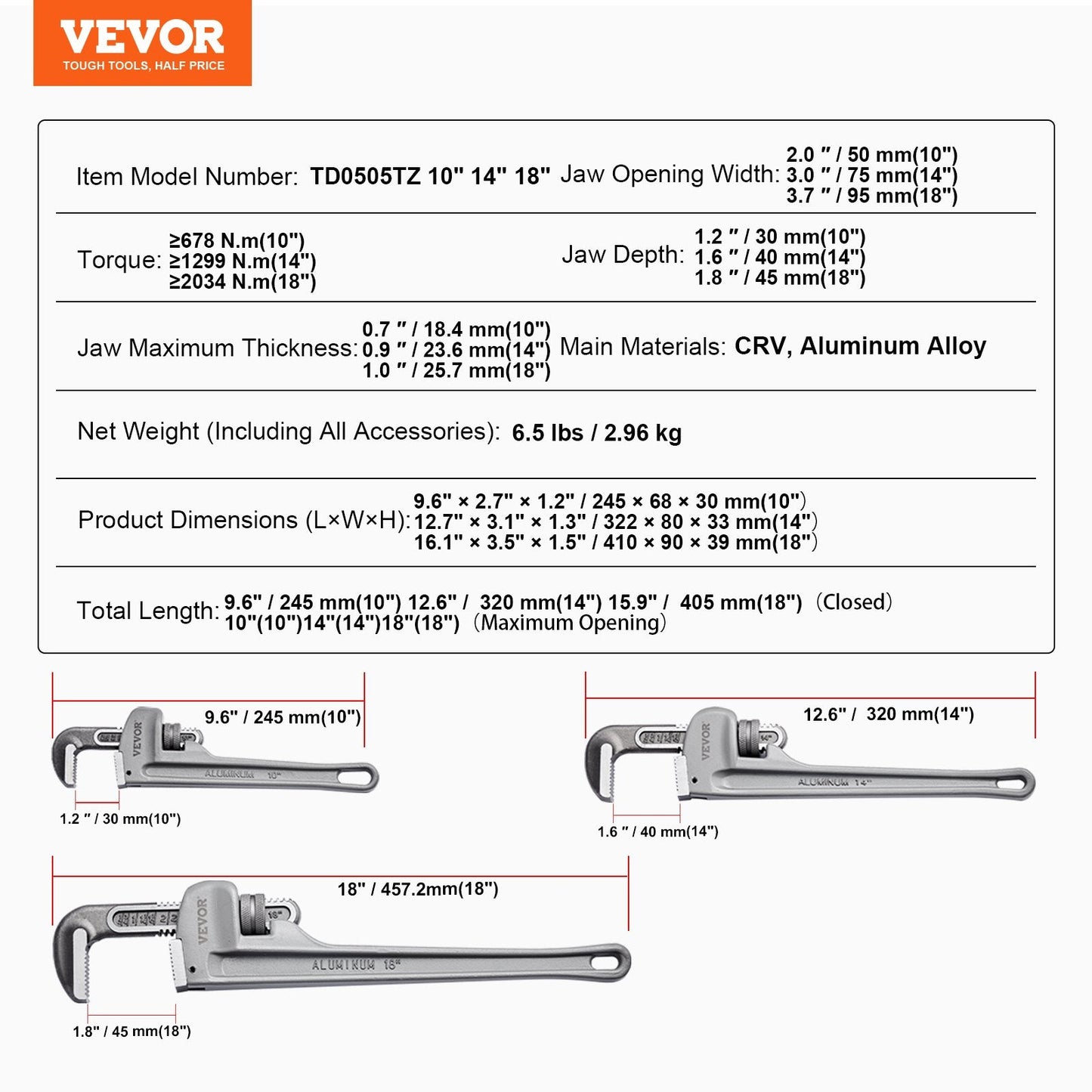 3-Piece Aluminum Pipe Wrench Set, 0.25m 0.35m 0.45m, Adjustable & Ergonomic Design