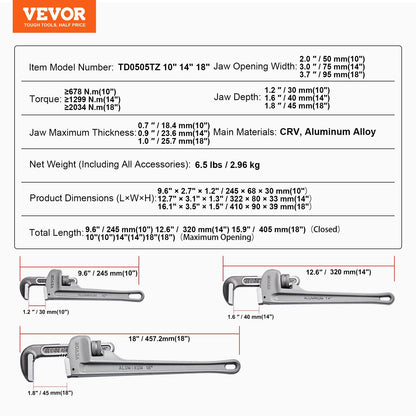 3-Piece Aluminum Pipe Wrench Set, 0.25m 0.35m 0.45m, Adjustable & Ergonomic Design