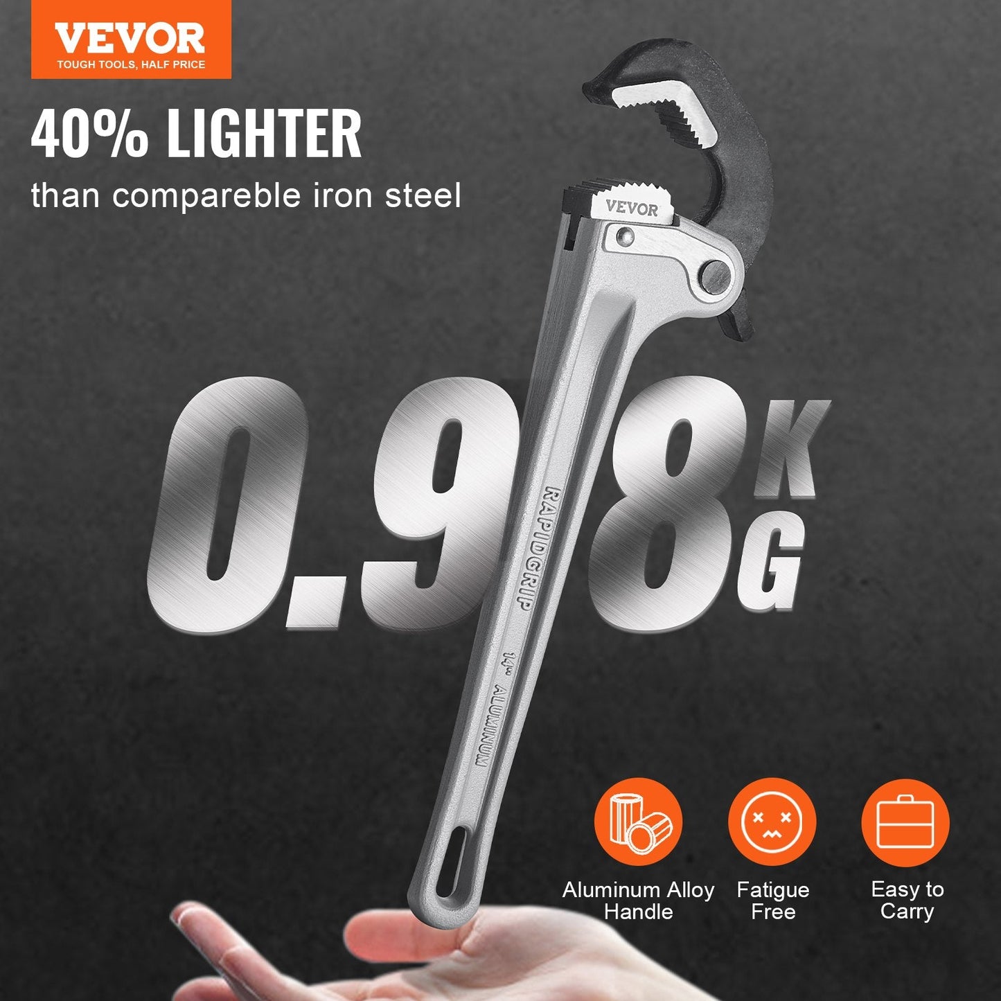 Aluminum Pipe Wrench 0.36m with Auto Jaw Adjustment, Lightweight & Durable