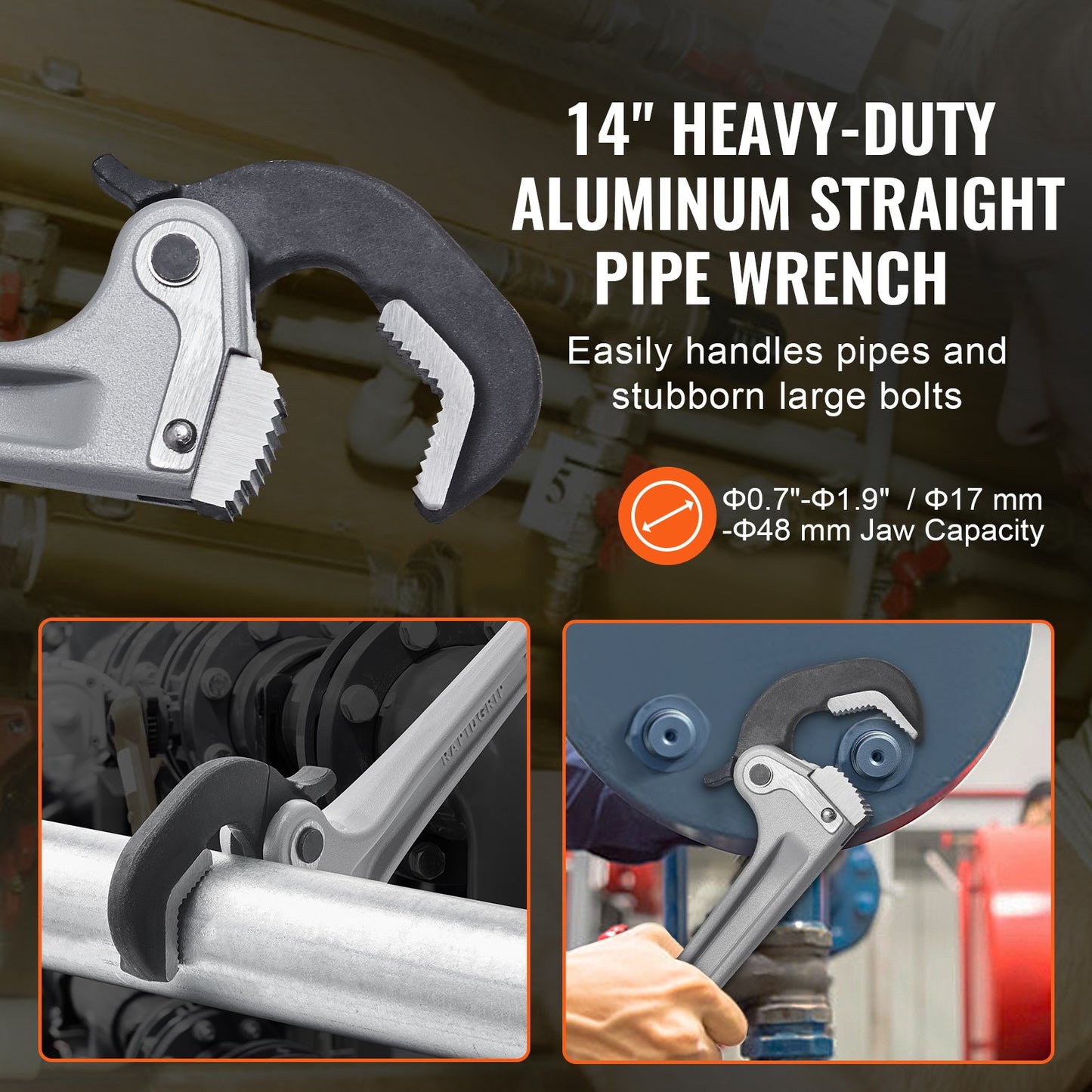 VEVOR Aluminum Straight Pipe Wrench 14 in Automatic Jaw Adjustment 60CRV Jaw
