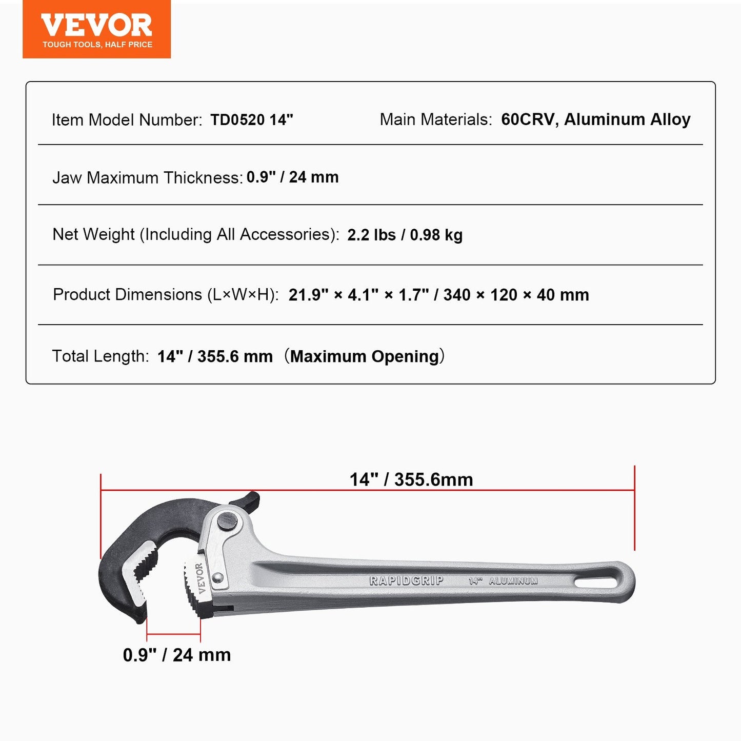 Aluminum Pipe Wrench 0.36m with Auto Jaw Adjustment, Lightweight & Durable