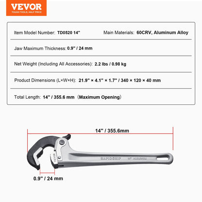 Aluminum Pipe Wrench 0.36m with Auto Jaw Adjustment, Lightweight & Durable