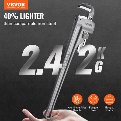 24" (0.61m) Aluminum Adjustable Pipe Wrench, Ergonomic Grip, 2.42 kg