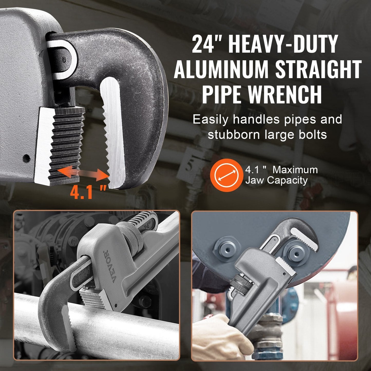 24" (0.61m) Aluminum Adjustable Pipe Wrench, Ergonomic Grip, 2.42 kg