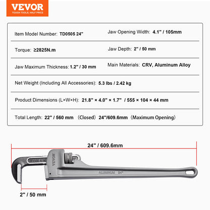 VEVOR Pipe Wrench, 24" Aluminum Straight Pipe Wrench, Adjustable Plumbing Wrench,