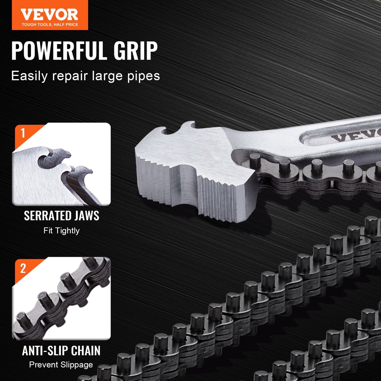 Heavy-Duty Chain Pipe Wrench, 1.22 m Chain, 13.4-inch Capacity, Reversible Use
