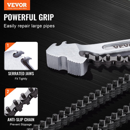 Heavy-Duty Chain Pipe Wrench, 1.22 m Chain, 13.4-inch Capacity, Reversible Use