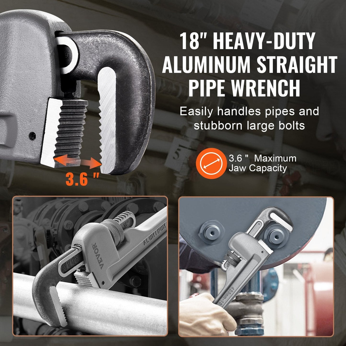 18" Aluminum Plumbing Wrench, Lightweight & Ergonomic, 1.46 kg, Adjustable Jaw