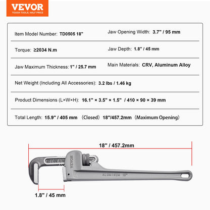 VEVOR Pipe Wrench, 18" Aluminum Straight Pipe Wrench, Adjustable Plumbing Wrench,